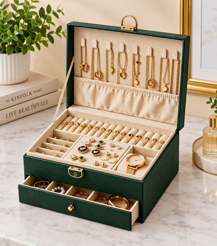 Green leather jewellery box - green,
